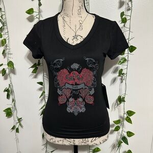 Black Women's V-Neck Tee with Red Rhinestone Heart Graphic